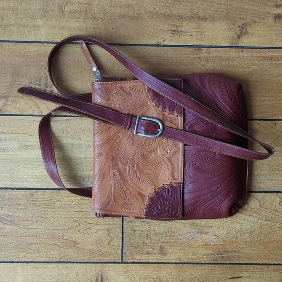 Leather Crossbody Patterned Bag, Tan & Maroon - Picture 10 of 11